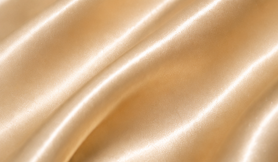 A champagne gold satin shower cap with a matching peach satin bow, shown in a three-panel collage featuring a styled top view, a close-up of the satin fabric texture, and another styled bottom view.